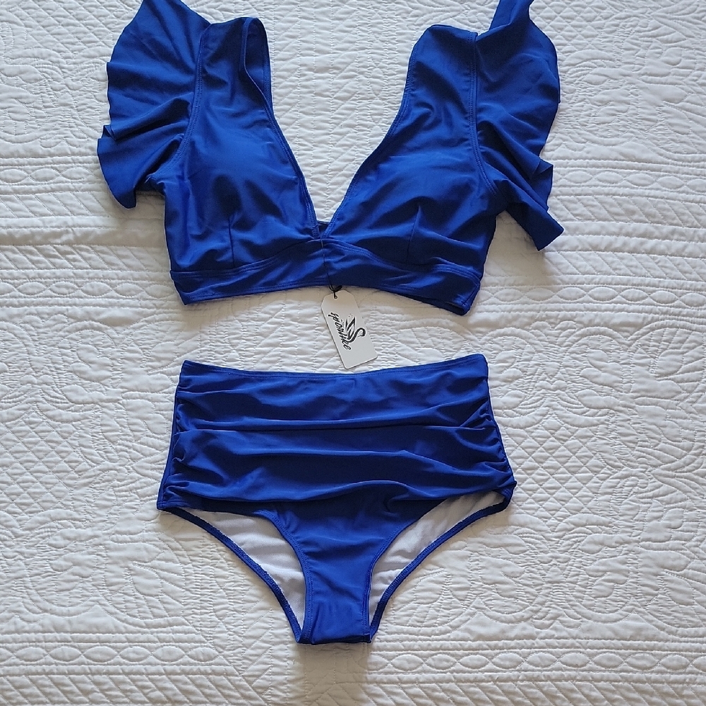 Women's 2 Piece Royal Blue High-waisted Ruffled Bikini Set Swimwear Bathingsuit